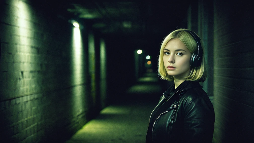 Beautiful blonde with big breasts in black mode casual (In a dark tunnel、sit),Wearing headphones,Very detailed, 21 years old, Innocent face, Bob Hair, blue eyes, High resolution, masterpiece, Highest quality, Intricate details, Very detailed, Clear focus, Delicate skin, practical skin texture, texture, Delicate eyes, Professional, 4K, Sad face,despair、 Shot with Canon, 85mm, Shallow and deep, Kodak Vision Color, Exactly, Very detailed, photograph_\(Extremist\), photographpractical, practical, Post-processing, Maximum details, Roughness, Real Life, Extremist practical, Photorealism, photographgraphy, 8K Ultra HD, photographgraphy