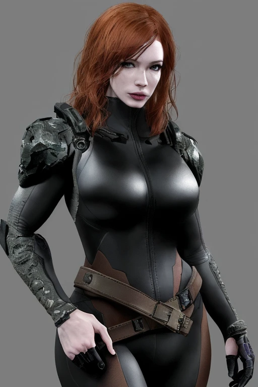 Christina Hendricks as an Metal Gear Solid Character, alluring 48 year old woman, High-quality facial research of Christina Hendricks, (Christina's sculpted cheekbones and slight wrinkles around the face), High-quality detailed research of Christina Hendricks voluptuous figure, large breasts, buxom chested. Skin-tight black leather suit, utility belt, boots. Whole body, Casual pose, Beautiful pose, (Extremely detailed CG 8k wallpaper), (Extremely delicate and beautiful), (Masterpiece), (Best quality: 1.0), (Ultra-high resolution: 1.0), Beautiful lighting, Perfect lighting, Realistic shadows, [high resolution], Detailed skin, Super detailed (((Colorful))), Digital art, metal gear solid concept art, full body concept art, Expert concept art with high detail, concept-art, stealth game concept art, concept-art, Yoji Shinkawa style, Video game concept art, 4K, full body portrait