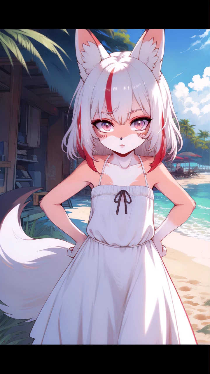 A young fox girl with white hair woth a red streak. Looks to be at least 10. At the beach wearing a white dress.
(stylized Anime artwork, (brown outline), a1 pictures style), detailed, masterpiece, best quality, detailed background