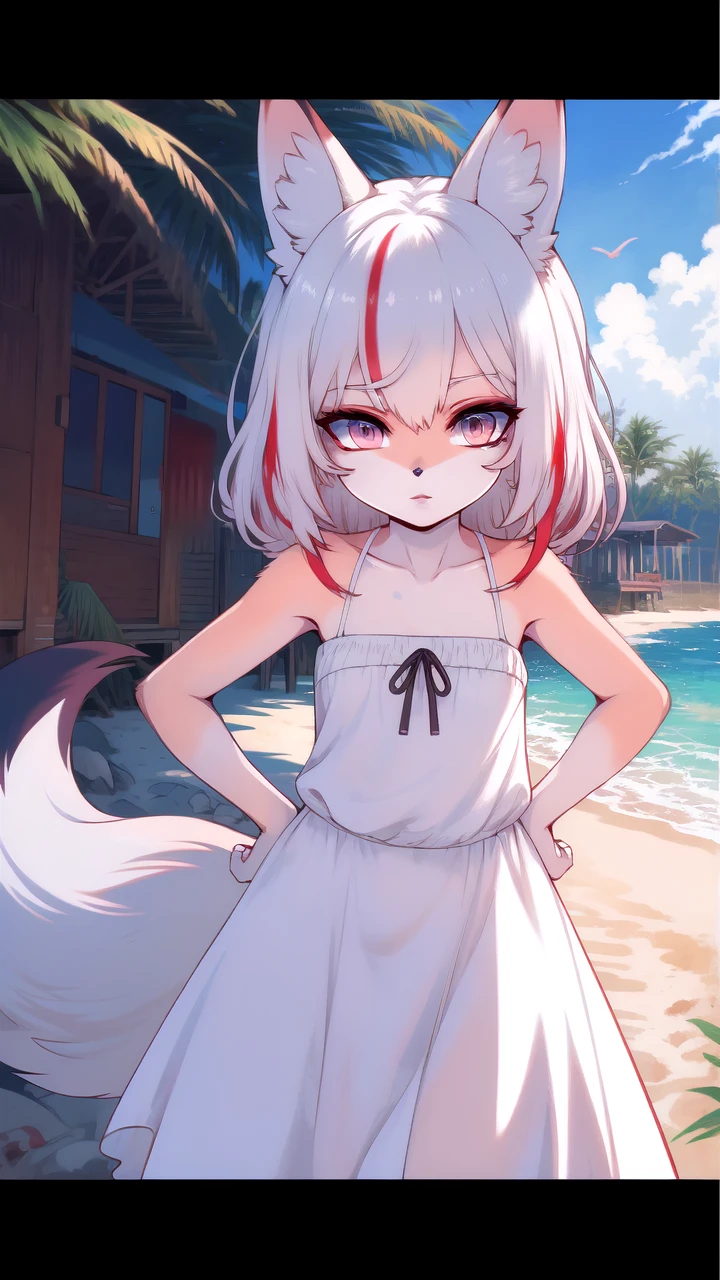 A young fox girl with white hair woth a red streak. Looks to be at least 10. At the beach wearing a white dress.
(stylized Anime artwork, (brown outline), a1 pictures style), detailed, masterpiece, best quality, detailed background