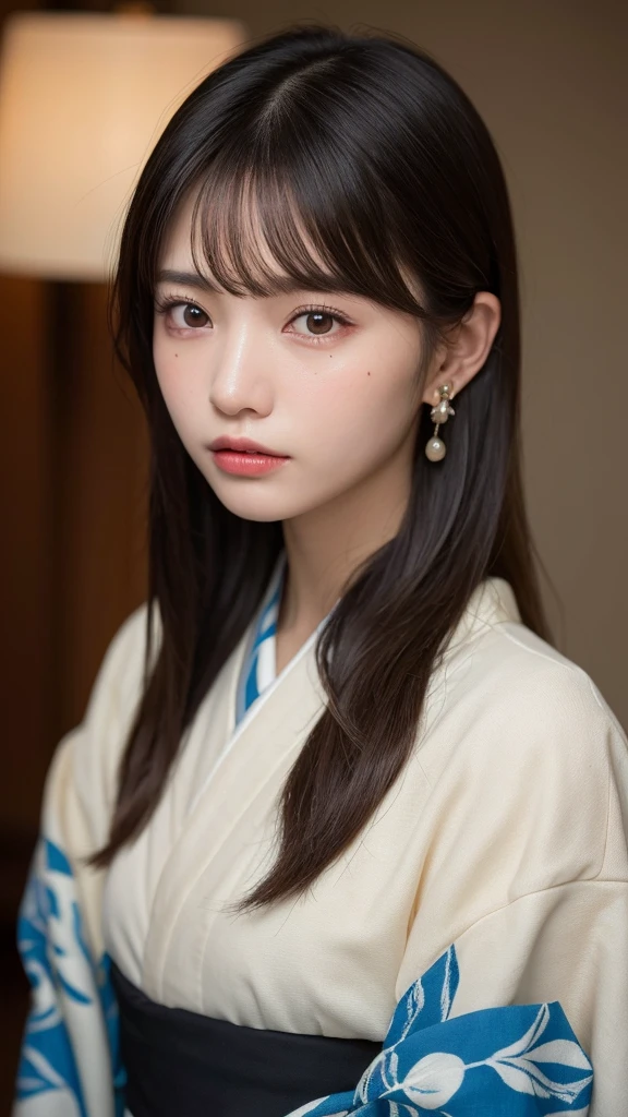 Absurd, RAW Photos, Very delicate and beautiful, masterpiece, Highest quality, Ultra-high resolution, 32k, Surreal, Super detailed, 20th Generation, Delicate facial features, Beautiful detailed girl, Highly detailed eyes and face, Beautiful attention to detail, Tearful mole, Earrings, Medium chest, Full Body Shot, Shorten the middle part of the hair, Black Hair, kimono, Haori,