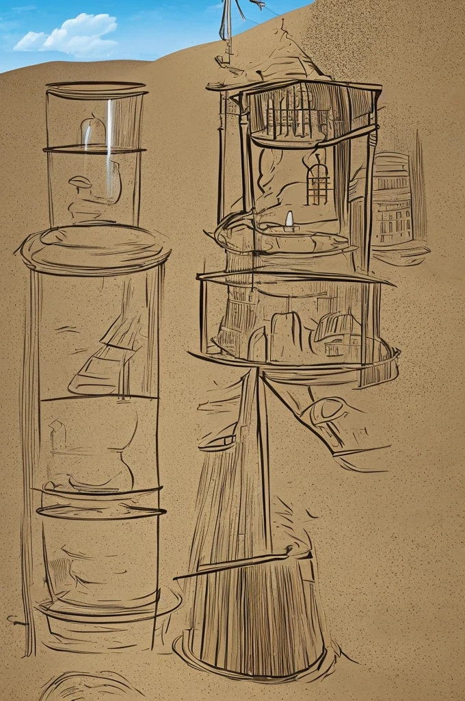 An hourglass with the sand running down, at its top there is a tower with a ringing bell and a huge old clock showing five o'clock, below at the base of the sand there is the discreet silhouette of a cell and on the side a gallows pole