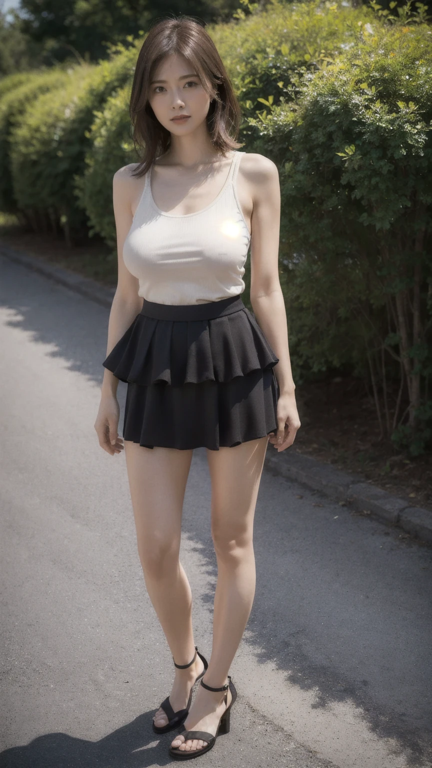 31 years old female, long hair, RAW photo, bokeh (realism: 1.4, realistic), high detail CG unified 8K wallpaper, 1girl, ((slim body)), ((skinny)), ((natural big breast:1.3)), back to viewer, ((direct view from the front)), (HQ skin: 1.4), 8k uhd, dslr, soft light, high quality, film grain, Fujifilm XT3, ((knit tank top, black micro skirt)), ((outdoor, at park))) jangjoo, portrait,((Layered medium Haircut, black hire)),(looking at viewer:1.4),(Full body:1.6), (((height:163cm))), (((knees))), (((draw perfect hands and finger)))