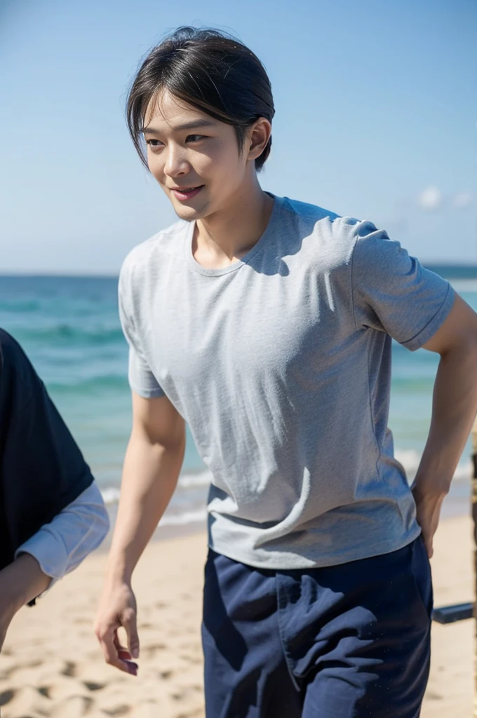 (Create a masterpiece: 1.2),(CGI art:1.3),(realistic:1.5),(After processing:1.3), (Sharp focus:1.3), 1 man, open mouth, smile, (Navy blue round neck shirt), Navy cargo pants, Korean guy , korean men, (High gloss details), chest muscles, large arm muscles, blood vessel, Big muscles, Broad shoulders, looking at the audience, Balancing the eyes, Seaside, beach, sunlight, running towards the camera