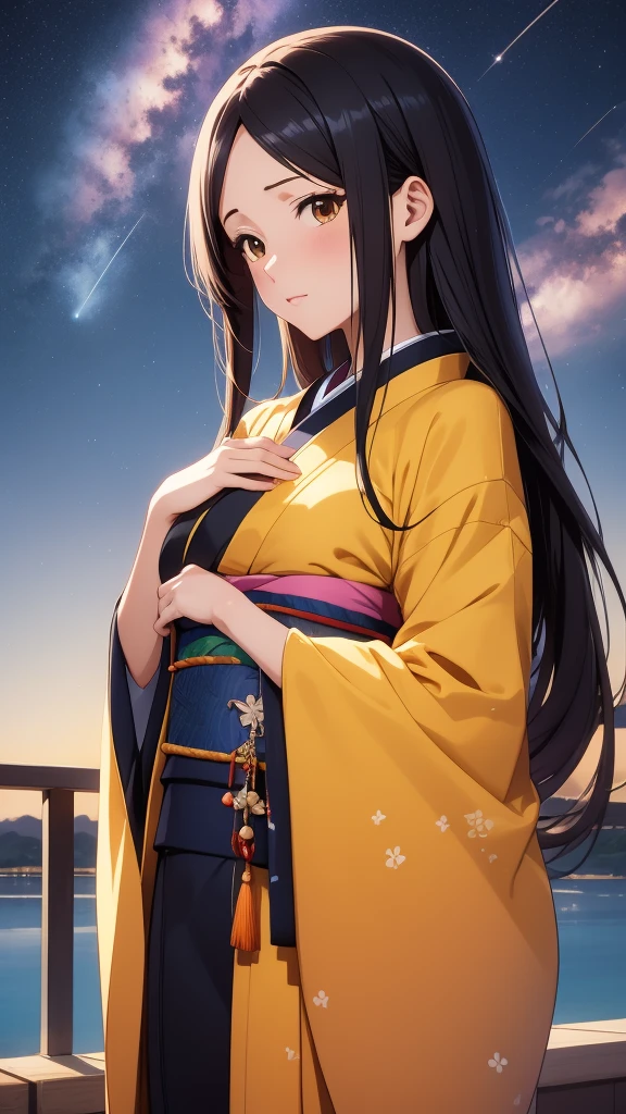 anime, 1 woman, 20 years old, Black Hair, Orihime,kimono,milky way,Starry Sky