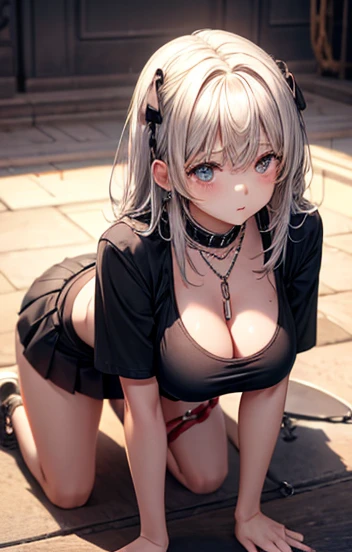 Girl, 16 years, on all fours, Necklace with chain, very large breasts, white top, Top does not fully cover the breasts, black very short skirt, Belly-free, very red cheeks