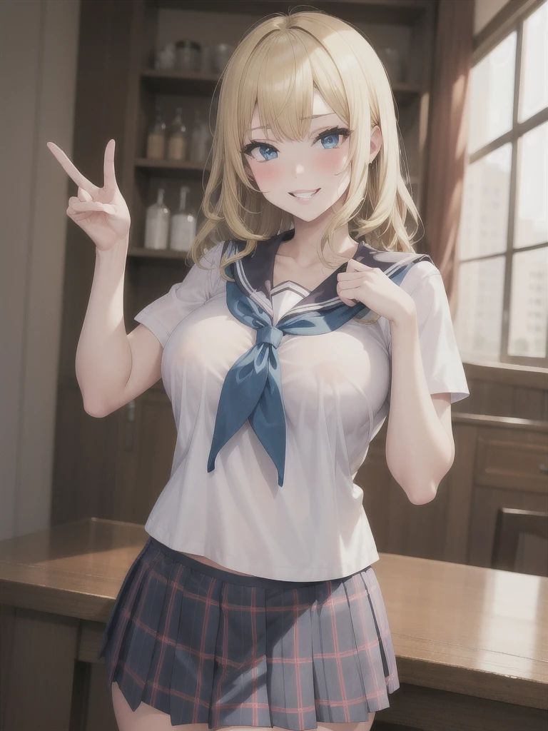 (masterpiece,best quality), maidoll,1girl,looking at viewer,  marin,jk,serafuku, white shirt, , indoors, cowboy shot, blonde hair, teeth,  grin,pink lips, blue eyes,blue plaid skirt, victory pose,