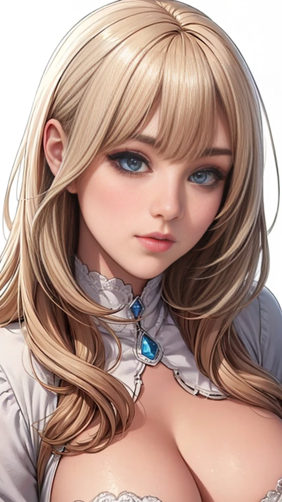 Beautiful white and shining skin、Blonde hair color that changes depending on the light、Long bangs between the eyes obstruct vision、Shiny highlights on cheeks、Sexy and very beautiful lovely cute gorgeous face、the most beautiful face in the world、Super long gorgeous spare blonde hair、smooth straight hair、big breasts, Huge, bright, light blue eyes、beautiful bangs、beautiful cute girl.small face beauty、cheek gloss highlight