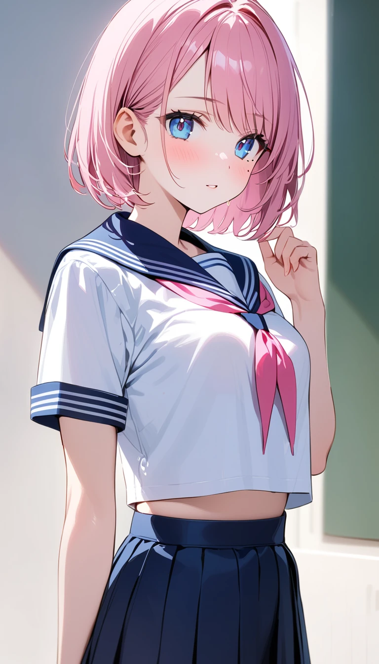 (1 girl),(Best Picture Quality, 8K, Masterpiece:1.3), (high school student:1.5), (pink lob hair:1.1), [skyblue hair:0.1], (bob cut),(swept bangs), (cute eyes, pupil black, iris skyblue, youthful face), (mole under right eye), (standard weight), (small breasts), (glistening skin:1.1),(pale skin:1.2), ((serafuku, white sailor short sleeve simple shirt, darkblue skirt, darkblue sailor collar, pink ribbon)),green background,