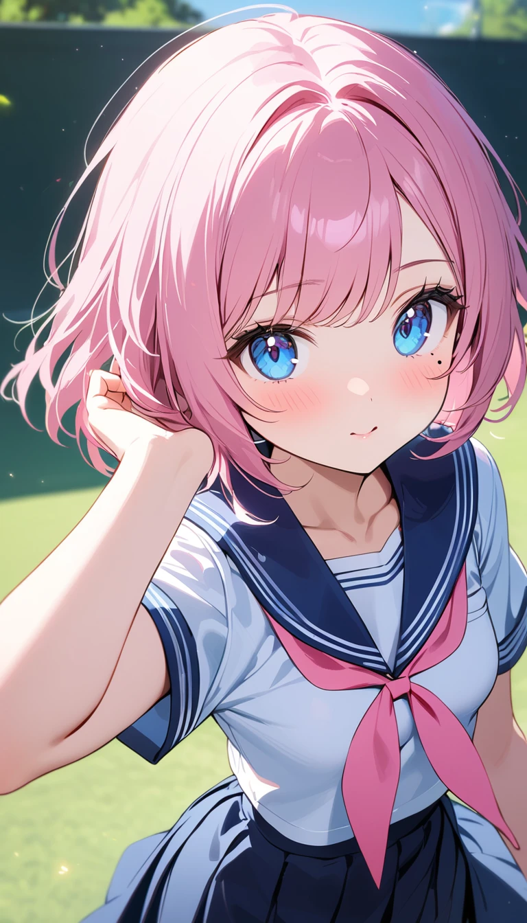 (1 girl),(Best Picture Quality, 8K, Masterpiece:1.3), (high school student:1.5), (pink lob hair:1.1), [skyblue hair:0.1], (bob cut),(swept bangs), (cute eyes, pupil black, iris skyblue, youthful face), (mole under right eye), (standard weight), (small breasts), (glistening skin:1.1),(pale skin:1.2), ((serafuku, white sailor short sleeve simple shirt, darkblue skirt, darkblue sailor collar, pink ribbon)),green background,