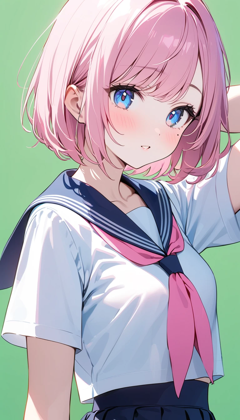 (1 girl),(Best Picture Quality, 8K, Masterpiece:1.3), (high school student:1.5), (pink lob hair:1.1), [skyblue hair:0.1], (bob cut),(swept bangs), (cute eyes, pupil black, iris skyblue, youthful face), (mole under right eye), (standard weight), (small breasts), (glistening skin:1.1),(pale skin:1.2), ((serafuku, white sailor short sleeve simple shirt, darkblue skirt, darkblue sailor collar, pink ribbon)),green background,