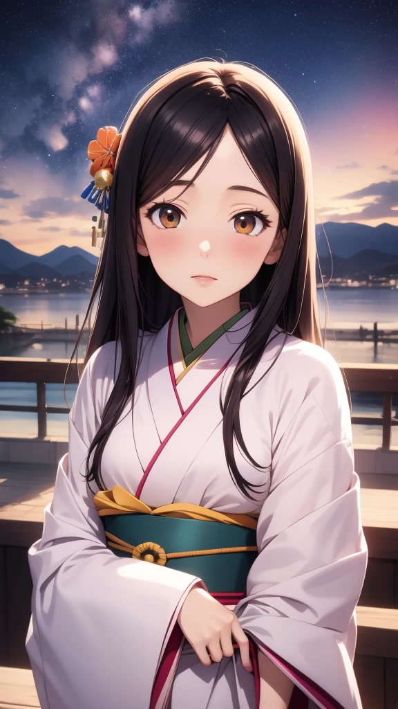 anime, 1 woman, 20 years old, Black Hair, Orihime,kimono,milky way,Starry Sky