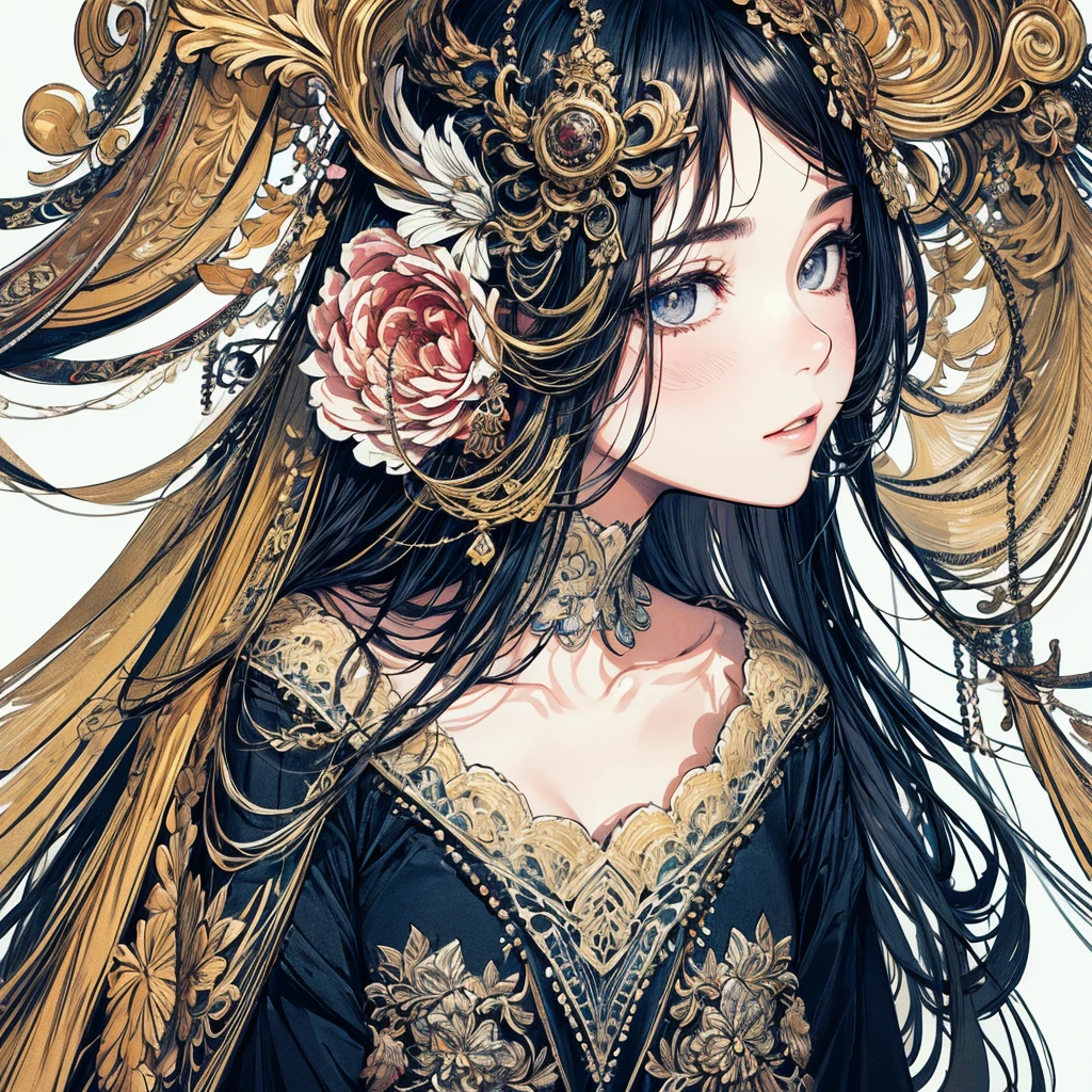 with a girl、(masterpiece、highest quality、official art、Cosmetology and aesthetics:1.2)、(Super detailed)、detailed、best illustrations、hand-paintedhigh-quality、(high contrast)、(clean lines:1.3)、(line drawing)、line drawing、(complicated lines)、(roller:Further detailed added:0.5),Rigne Clair、Fractal Art、pen drawing、、(Portrait、from the knees up、very close up:1.1)、,Wraparound configuration, , Japanese style ,(intricate details),(Colorful),High resolution,full body,