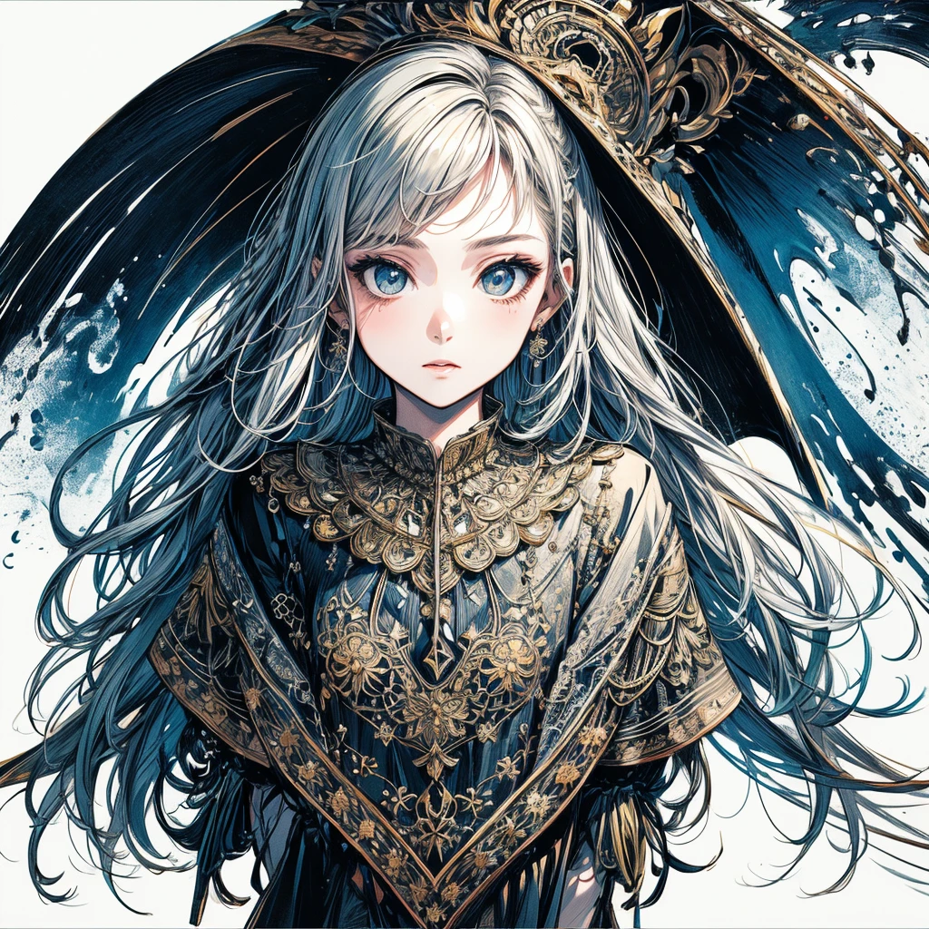 with a girl、(masterpiece、highest quality、official art、Cosmetology and aesthetics:1.2)、(Super detailed)、detailed、best illustrations、hand-paintedhigh-quality、(high contrast)、(clean lines:1.3)、(line drawing)、line drawing、(complicated lines)、(roller:Further detailed added:0.5),Rigne Clair、Fractal Art、pen drawing、、(Portrait、from the knees up、very close up:1.1)、,Wraparound configuration, , Japanese style ,(intricate details),(Colorful),High resolution,full body,