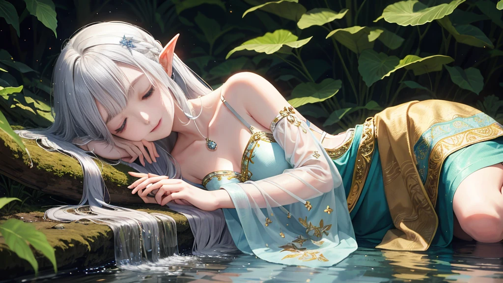 Under the protective cover of a majestic old oak tree, a young elf girl sleeps peacefully. Her silver hair spreads like a sparkling stream across the carpet of blue moss, framing her delicate face. She is dressed in a light silk dress, emerald green in color, dotted with floral patterns that seem to dance in the light of the stars. Her pointy ears protrude gracefully from her hair, testifying to her elven heritage. A serene smile floats on her pink lips, while her thin eyelids hide deep blue eyes. All around her, the forest is plunged into an enchanting silence, disturbed only by the gentle murmur of the wind and the distant song of an owl. The fireflies float gently around his sleeping body, creating a magical, ethereal aura, as if time itself had decided to slow down to preserve this moment of pure tranquility.sleeping