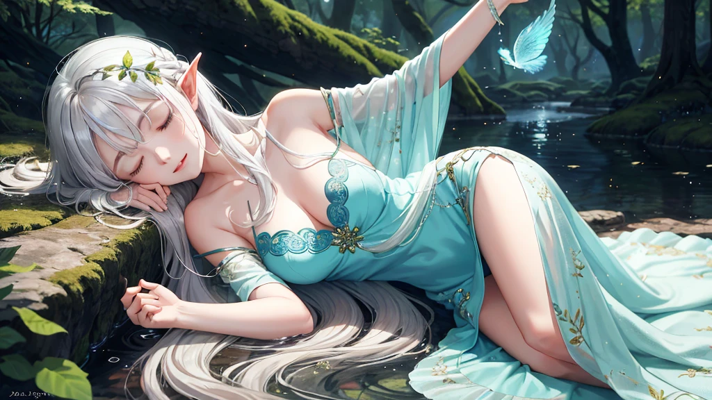 Under the protective cover of a majestic old oak tree, a young elf girl sleeps peacefully. Her silver hair spreads like a sparkling stream across the carpet of blue moss, framing her delicate face. She is dressed in a light silk dress, emerald green in color, dotted with floral patterns that seem to dance in the light of the stars. Her pointy ears protrude gracefully from her hair, testifying to her elven heritage. A serene smile floats on her pink lips, while her thin eyelids hide deep blue eyes. All around her, the forest is plunged into an enchanting silence, disturbed only by the gentle murmur of the wind and the distant song of an owl. The fireflies float gently around his sleeping body, creating a magical, ethereal aura, as if time itself had decided to slow down to preserve this moment of pure tranquility.sleeping