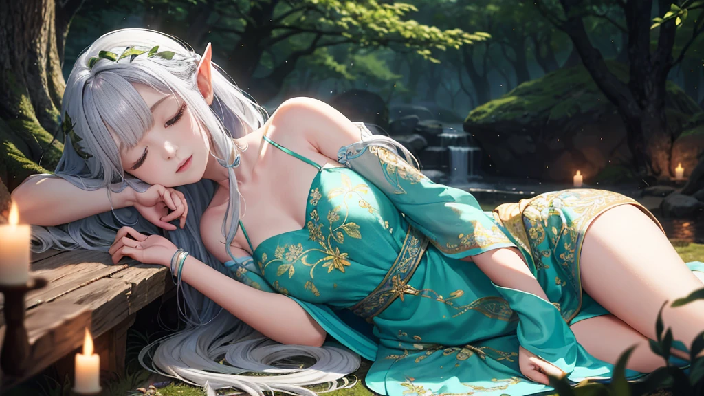 Under the protective cover of a majestic old oak tree, a young elf girl sleeps peacefully. Her silver hair spreads like a sparkling stream across the carpet of blue moss, framing her delicate face. She is dressed in a light silk dress, emerald green in color, dotted with floral patterns that seem to dance in the light of the stars. Her pointy ears protrude gracefully from her hair, testifying to her elven heritage. A serene smile floats on her pink lips, while her thin eyelids hide deep blue eyes. All around her, the forest is plunged into an enchanting silence, disturbed only by the gentle murmur of the wind and the distant song of an owl. The fireflies float gently around his sleeping body, creating a magical, ethereal aura, as if time itself had decided to slow down to preserve this moment of pure tranquility.sleeping