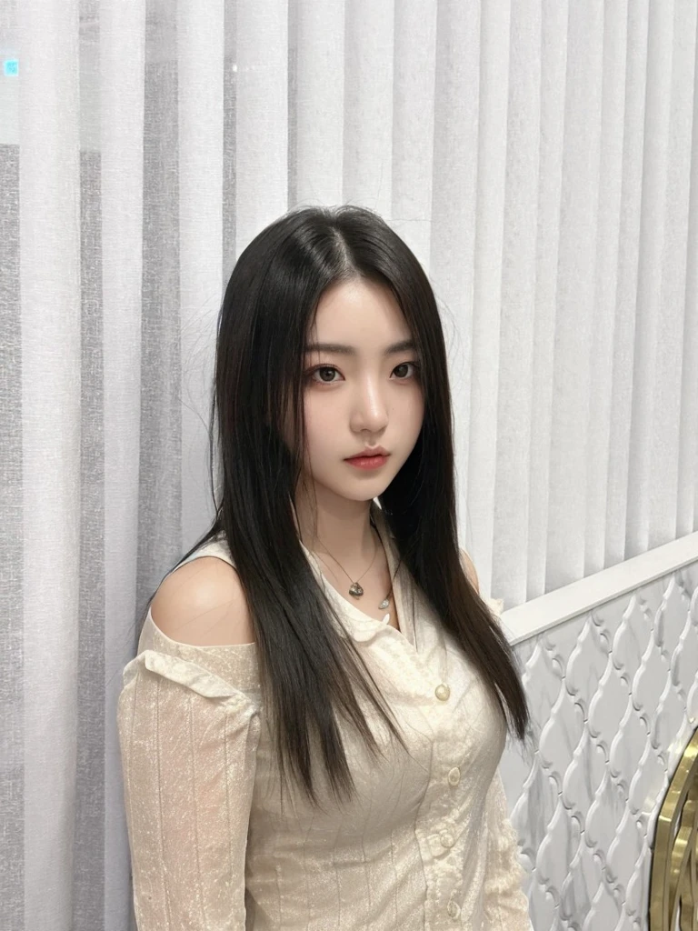 Best Quality, 8k, Masterpiece, (Portrait: 1.3), (photo realistic:1.4), (hyper realistic:1.4), Sharp Focus, looking at viewer, (smoother lighting:1.1), (increase cinematic lighting quality:0.9), realistic lighting, backlighting, light on face, ray trace, (brightening light:1.2), (Increase quality:1.4), sharp detail, (best quality real texture skin:1.4), finely detailed eyes, black_eyes, finely detailed face, 25 year old Korean woman, (white formal_shirt:1.4), (Create an image maintaining the original base model hairstyle:1.5)