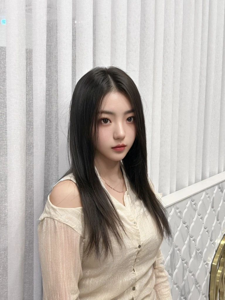 Best Quality, 8k, Masterpiece, (Portrait: 1.3), (photo realistic:1.4), (hyper realistic:1.4), Sharp Focus, looking at viewer, (smoother lighting:1.1), (increase cinematic lighting quality:0.9), realistic lighting, backlighting, light on face, ray trace, (brightening light:1.2), (Increase quality:1.4), sharp detail, (best quality real texture skin:1.4), finely detailed eyes, black_eyes, finely detailed face, 25 year old Korean woman, (white formal_shirt:1.4), (Create an image maintaining the original base model hairstyle:1.5)