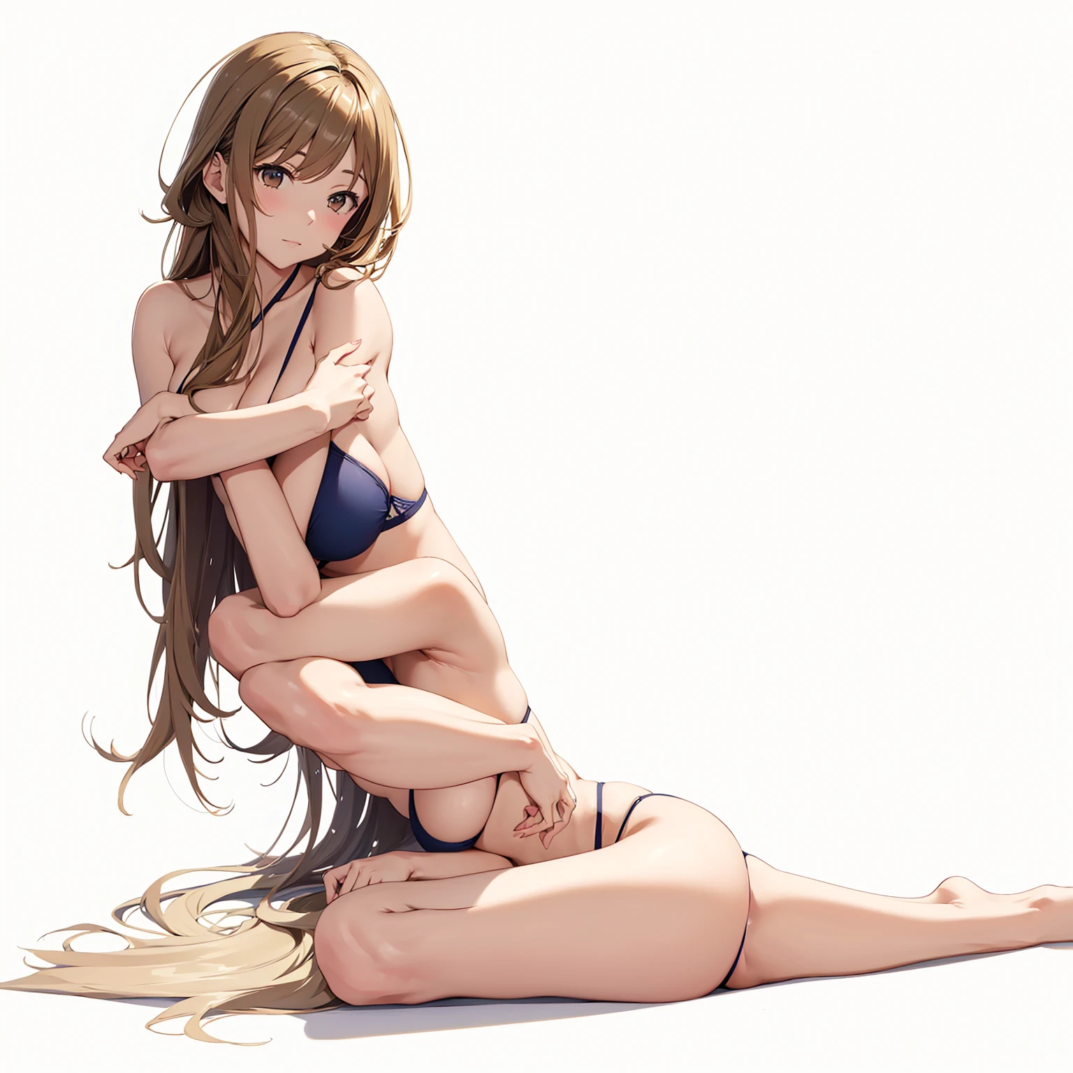 Hanamaru kunikida 
  in a bikini laying down on her side with her arm for support poseing 
