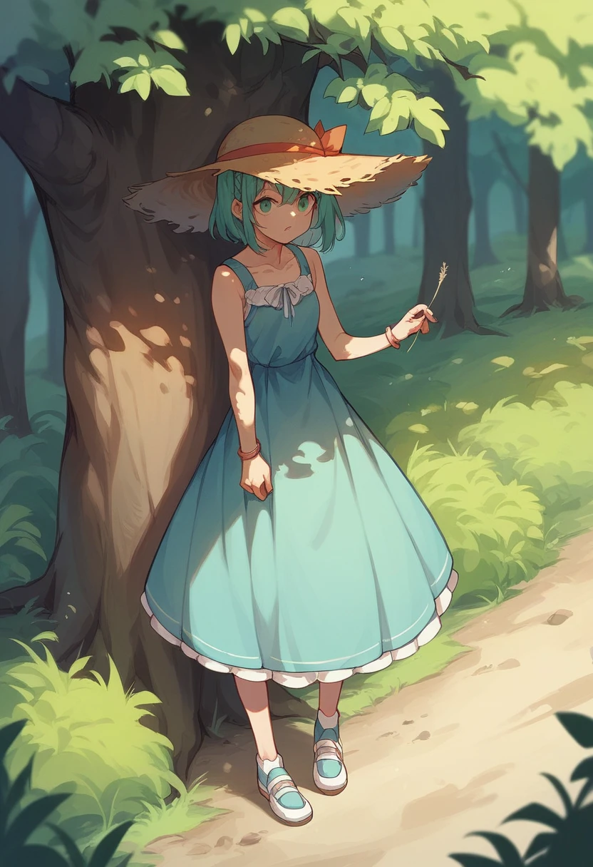 girl、Are standing、Wearing a dress、Straw hat、Under the tree、Tree shade