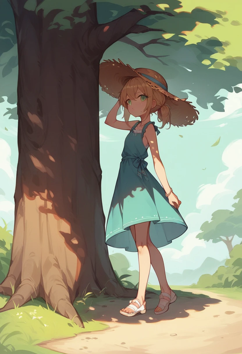 girl、Are standing、Wearing a dress、Straw hat、Under the tree、Tree shade