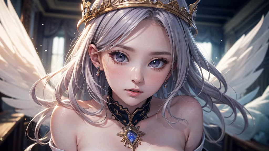 One Girl,Delicate and beautiful face,Flowing，Perfect balance, detailedな衣服のdetailed,Cinema Lighting, , Light and dark contrast, 8K, masterpiece, Textured skin, 超detailed, High detail, high quality, High resolution,(Intricate details, hyperdetailed:1.15), detailed, Light passing through hair, (Official Art, extreme detailed, highest detailed),8K, masterpiece, Textured skin, 超detailed, High detail, high quality, High resolution,(最high quality, masterpiece, Dynamic Angle, highest detailed),sexy,Big Breasts,Exposed shoulders,Lavender colored hair,Wavy Hair, Gradient Hair,Long Hair, Bare shoulders, ,detailedな背景, Delicate face, (Crystallized Aluminum, Crystal Theme:1.1), Elemental , Dynamic pose, Suspended particles, Ethereal atmosphere,gem,One girl,goddess，Delicate and beautiful face,Flowingような，Full Breast，Perfect balance, detailedな衣服のdetailed,Cinema Lighting, Film Grain, Fujicolor, Light and dark contrast, 8K, masterpiece, Textured skin, 超detailed, High detail, high quality, High resolution,(最high quality, masterpiece, Dynamic Angle, highest detailed),Wearing the Crown,White background