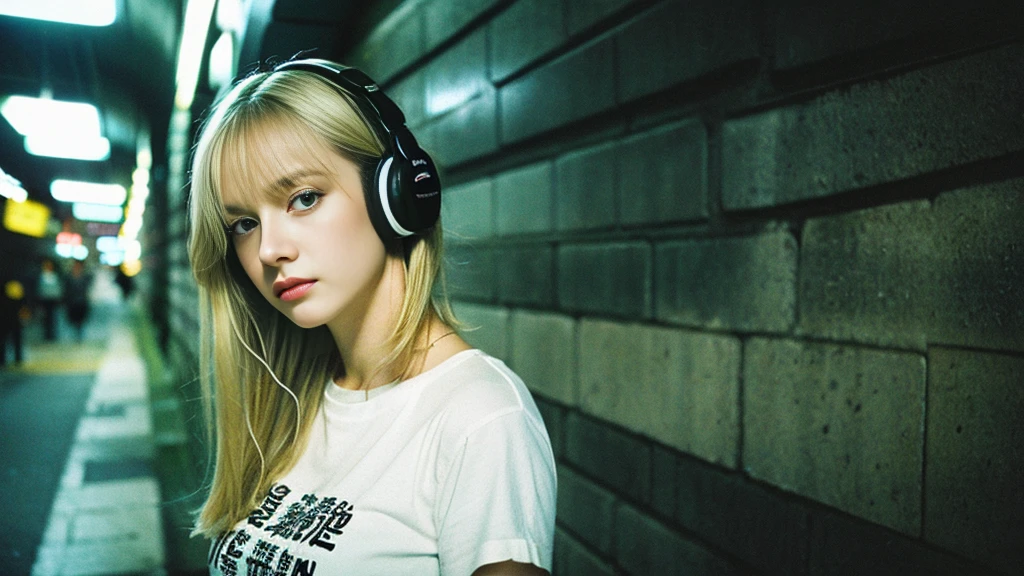 Beautiful blonde with big breasts in a T-shirt (In the tunnel late at night、walk),Wearing headphones,Very detailed, 21 years old, Innocent face, Bob Hair, blue eyes, High resolution, masterpiece, Highest quality, Intricate details, Very detailed, Clear focus, Delicate skin, practical skin texture, texture, Delicate eyes, Professional, 4K, Sad face,despair、 Shot with Canon, 85mm, Shallow and deep, Kodak Vision Color, Exactly, Very detailed, photograph_\(Extremist\), photographpractical, practical, Post-processing, Maximum details, Roughness, Real Life, Extremist practical, Photorealism, photographgraphy, 8K Ultra HD, photographgraphy