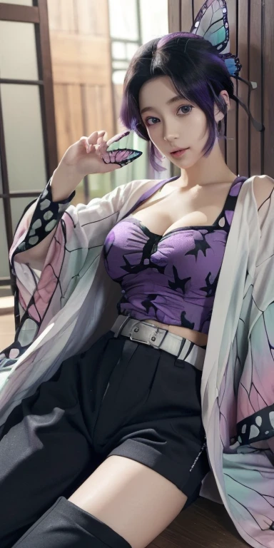 (masterpiece:1.2), best quality, high resolution, unity 8k wallpaper, (illustration:0.8), (beautiful detailed eyes:1.6), extremely detailed face, perfect lighting, extremely detailed CG, (perfect hands, perfect anatomy), shinobukochou, shinobu kochou, seductive smile, animal print, black hair, butterfly, butterfly hair ornament, butterfly print, forehead, gradient hair, hair ornament, haori, multicolored hair, parted bangs, purple hair, short hair, two-tone hair, black pants, butterfly print, coat, purple bikini, haori, japanese clothes, underware, looking at viewer, cleavage,