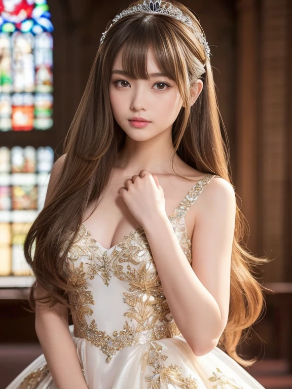 ((whole body))　(big 1.4)　Beautiful Fantasy Girl　((Highest quality)), ((masterpiece)), (Get used to it), Perfect Face　(1 Girl)　(French)　(she 、The cutest teen in France.)　((Highest quality)), ((masterpiece)), length blonde hair 　length, 輝く茶colorの髪,Golden Silky Hair, Straight Brown Hair, length blonde straight hair, Perfect Silky Straight Hair, Straight Brown Hair, length blonde hair, sheの髪は長くてまっすぐだ, detailed length 　((big 1.4))　Super Long Hair down to the ankles　((Neat bangs　The neatly trimmed bangs are princess cut and cover the entire forehead......))...　明るい深紅colorの唇　good, Anatomically correct hand　Thin fingers　Anatomically correct5本の指　Sexy professional makeup　Beautiful French girl face, French facial features, Long Hair shiny Long Hair, length, 輝く茶colorの髪, length, Straight Brown Hair, sheの髪は長くてまっすぐだ, Super Long Hair girl, Silky Hair, Brown hair, Silky Hair, length, Flat Hair, Silky texture, Long Hair, length, Flowing brown hair, thin and shiny hair　Anatomically correct、White beautiful human skin and detail of hands and fingers　Beautiful Eyes　Mouth Details　the corners of the mouth rise slightly　Cool look　　(眉毛のcolorは濃い茶colorです)　　(黄color dress posing for a picture, Disney Portraits, tumbler, What it is？, wearing organza gown, dressed beautiful gown, lady using 黄color dress, color: 黄color, A woman wearing a sparkly floral dress, elegant 黄color skin, gown, Fantasy Dress, Formal Wear, light 黄color　beautiful gown, 黄color theme　)　(A church with high quality stained glass..)　(she&#39;Random Pause)　(Random model standing pose)、Dressed in a white tank top、ヒップオーバーのLong Hair、太ももまであるLong Hair、Beautiful Hair