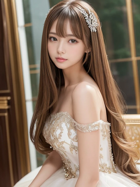 ((whole body)) (big 1.4) Beautiful Fantasy Girl ((Highest quality)), ((masterpiece)), (Get used to it), Perfect Face (1 Girl) (French) (she 、The cutest teen in France.) ((Highest quality)), ((masterpiece)), length blonde hair length, 輝く茶colorの髪,Golden Silky Hair, Straight Brown Hair, length blonde straight hair, Perfect Silky Straight Hair, Straight Brown Hair, length blonde hair, sheの髪は長くてまっすぐだ, detailed length ((big 1.4)) Super Long Hair down to the ankles ((Neat bangs The neatly trimmed bangs are princess cut and cover the entire forehead......))... 明るい深紅colorの唇 good, Anatomically correct hand Thin fingers Anatomically correct5本の指 Sexy professional makeup Beautiful French girl face, French facial features, Long Hair shiny Long Hair, length, 輝く茶colorの髪, length, Straight Brown Hair, sheの髪は長くてまっすぐだ, Super Long Hair girl, Silky Hair, Brown hair, Silky Hair, length, Flat Hair, Silky texture, Long Hair, length, Flowing brown hair, thin and shiny hair Anatomically correct、White beautiful human skin and detail of hands and fingers Beautiful Eyes Mouth Details the corners of the mouth rise slightly Cool look (眉毛のcolorは濃い茶colorです) (黄color dress posing for a picture, Disney Portraits, tumbler, What it is?, wearing organza gown, dressed beautiful gown, lady using 黄color dress, color: 黄color, A woman wearing a sparkly floral dress, elegant 黄color skin, gown, Fantasy Dress, Formal Wear, light 黄color beautiful gown, 黄color theme ) (A church with high quality stained glass..) (she'Random Pause) (Random model standing pose)、Dressed in a white tank top、ヒップオーバーのLong Hair、太ももまであるLong Hair、Beautiful Hair