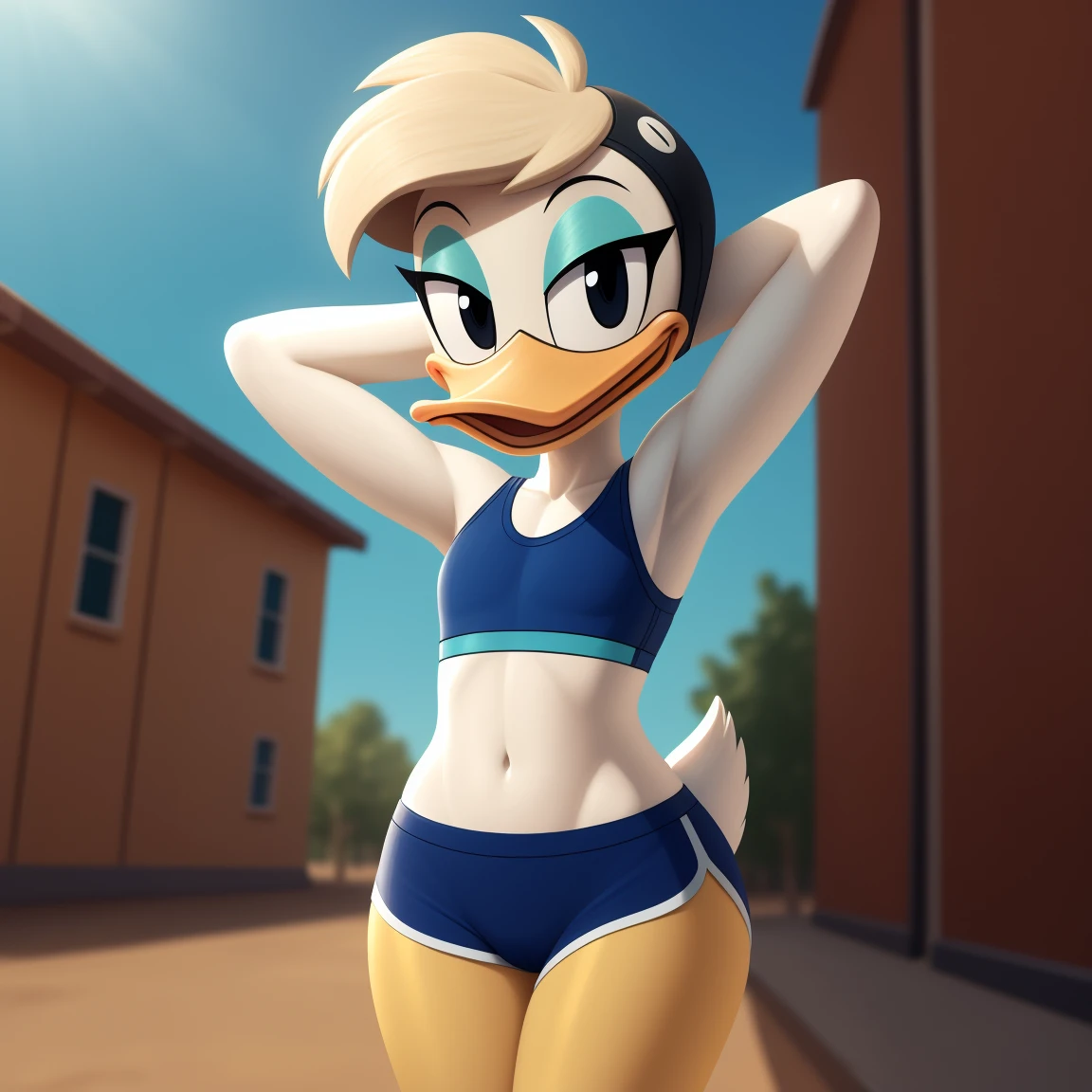 photorealism, duck, Betsy Duck, detailed background, outside, eyeshadow, tan hairstyle, cartoon, (flat chested), (yellow legs: 1.2), smiling, happy, ducktales

wear cyan sports bra, cyan shorts, hands behind head, intricate, detailed

simple black eyes, detailed, intricate, skinniest torso, (showing her torso)

highest quality, (detailed white skin:1.3), (looking at the viewer), (soft cinematic light:1.1) ,