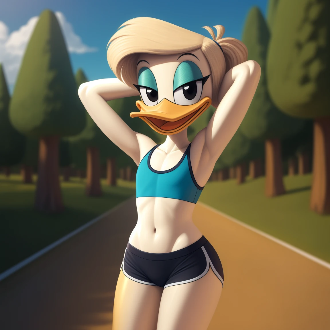 photorealism, duck, Betsy Duck, detailed background, outside, eyeshadow, tan hairstyle, cartoon, (flat chested), (yellow legs: 1.2), smiling, happy, ducktales

wear cyan sports bra, cyan shorts, hands behind head, intricate, detailed

simple black eyes, detailed, intricate, skinniest torso, (showing her torso)

highest quality, (detailed white skin:1.3), (looking at the viewer), (soft cinematic light:1.1) ,