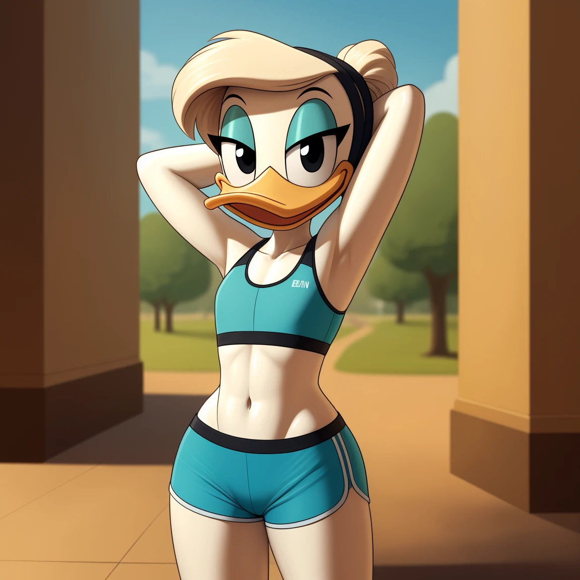 photorealism, duck, Betsy Duck, detailed background, outside, eyeshadow, tan hairstyle, cartoon, (flat chested), (yellow legs: 1.2), smiling, happy, ducktales

wear cyan sports bra, cyan shorts, hands behind head, intricate, detailed

simple black eyes, detailed, intricate, skinniest torso, (showing her torso)

highest quality, (detailed white skin:1.3), (looking at the viewer), (soft cinematic light:1.1) ,