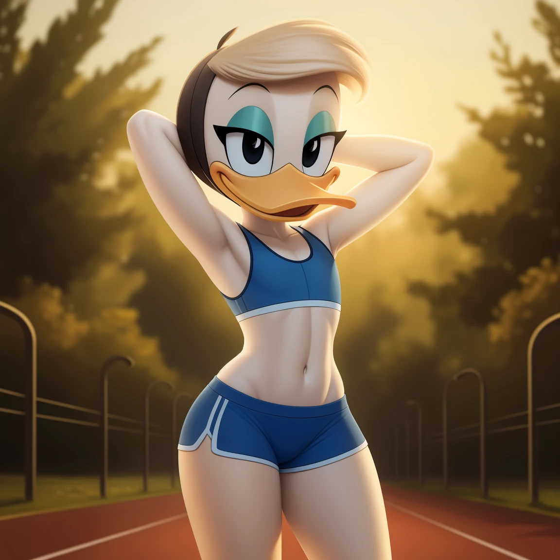 photorealism, duck, Betsy Duck, detailed background, outside, eyeshadow, tan hairstyle, cartoon, (flat chested), (yellow legs: 1.2), smiling, happy, ducktales

wear cyan sports bra, cyan shorts, hands behind head, intricate, detailed

simple black eyes, detailed, intricate, skinniest torso, (showing her torso)

highest quality, (detailed white skin:1.3), (looking at the viewer), (soft cinematic light:1.1) ,