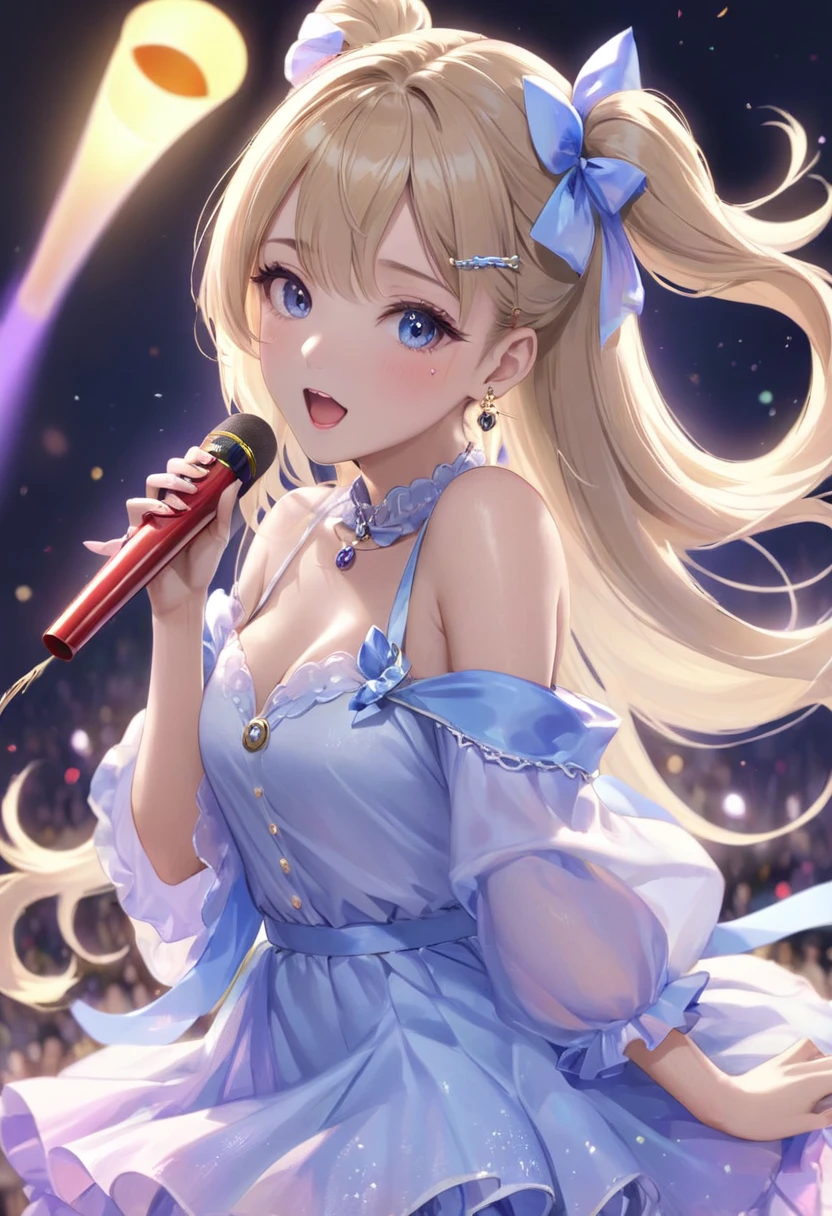masutepiece, High resolution, 8K, anime woman, Delicate and detailed writing 、Detailed digital illustration、ponytail hair、Shiny hair、Bangs、a very beautiful woman、Eyes are double, Large, Bust is B cup、High image quality, High quality、Detailed background、(((Wearing idol clothes)))、((Glittering live stage backdrop))、The inside of the eye shines like a diamond (grey eyes)、sand blonde hair、Gradient pupil、(((2 arms、4 fingers, 1 thumb)))、Detailed female face、Very beautiful and cute woman、、细致背景、​masterpiece、Soft Focus , smile face, Bright gradient watercolor , Lens Flare , (((Glitter))) , Glow , Dreamy , (((Holding a glitter microphone in your hand)))、a miniskirt、Idol、purple Ribbon、Very beautiful purple rose hair accessories. purple and gold costume with white as the main color、((Straight at the angle of the front))、Glitter Cat Ear Headband、(((Take an idle pose)))
