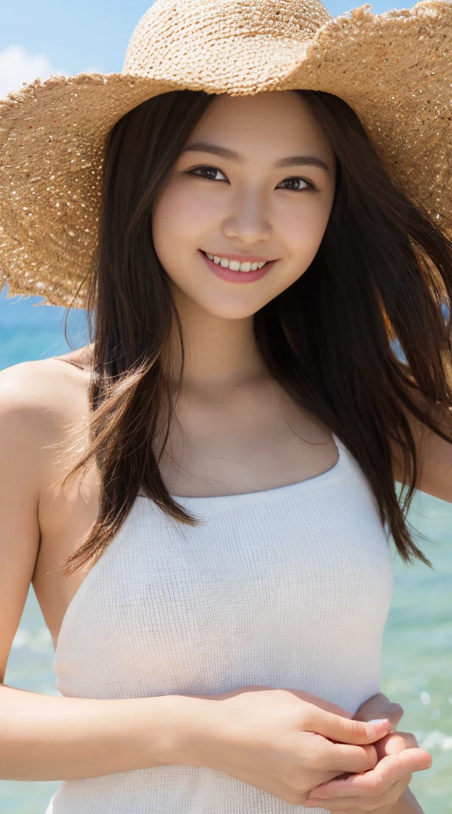 In detail, High resolution, high quality、Perfect dynamic composition, Beautiful attention to detail, Medium Hair, nature  、Natural color lip, (((Exposed outside)))、Cute Smile、Dazzling Sun、Clear Skin、Shiny Hair、Sea of Miyakojima、(((Hand Good)))、((naked)