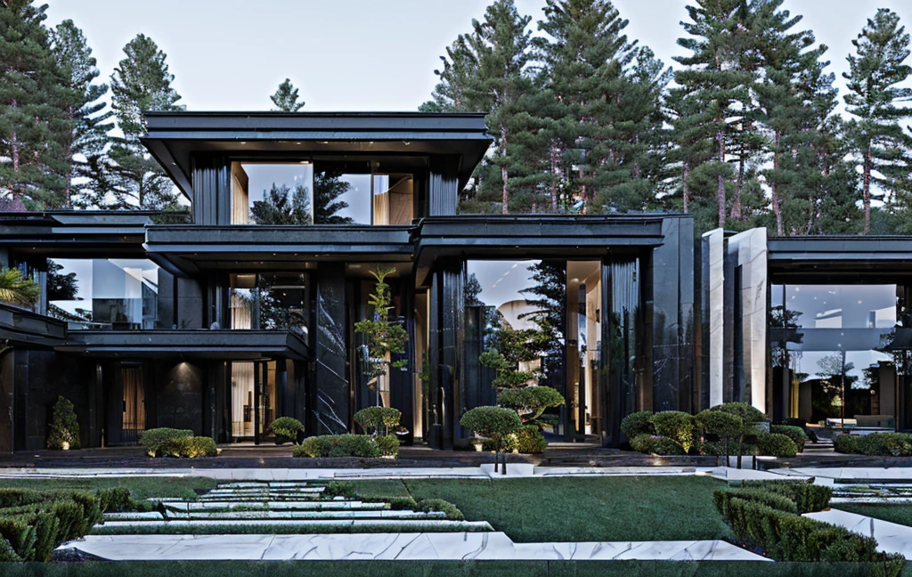 3D render of a beautiful house, Dark, gray tones, white wall. lumion render, night time render, insanely detailed rendering, realistic architecture, architectural visualization. The staircase leading into the house is tiled with black marble and has bright LED lights. Behind are hills and mountains with clear blue sky. The house with a large porch to sit and drink tea and LED lights, there is a large patio with a POOL, pine trees, grass, garden stones, roses, modernism, vivid and detailed, zen garden, lush garden surroundings, residential design, lush landscaping, dense with greenery, pristine and clean design, clean and pristine design. FLOWER GARDEN OF THE HOUSE WITH GREEN TREES AND LIGHTS. The main door is made of black aluminum and glass reaching up to the ceiling. Looking through the glass windows to look inside the house with luxurious interiors with luxurious and warm lights, interior lighting rendering and lighting effects. marble and wood and glass, dark and modern, luxcore render, taken with professional photography techniques, using a wide angle lens with bright natural light and high resolution details, in the style of professional photograph, hyper realistic, highly detailed.