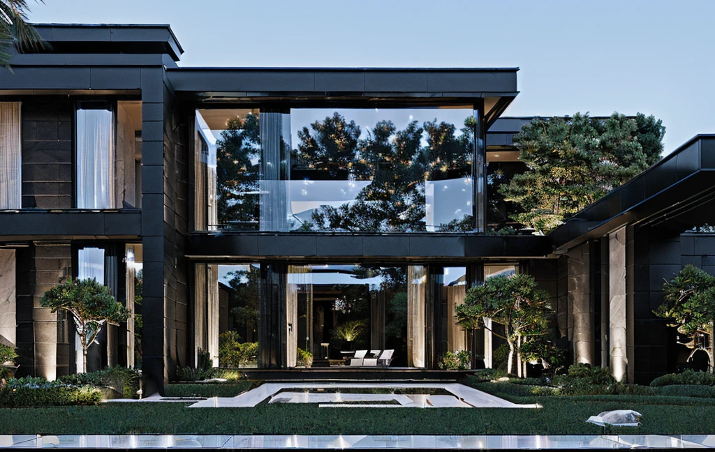 3D render of a beautiful house, Dark, gray tones, white wall. lumion render, night time render, insanely detailed rendering, realistic architecture, architectural visualization. The staircase leading into the house is tiled with black marble and has bright LED lights. Behind are hills and mountains with clear blue sky. The house with a large porch to sit and drink tea and LED lights, there is a large patio with a POOL, pine trees, grass, garden stones, roses, modernism, vivid and detailed, zen garden, lush garden surroundings, residential design, lush landscaping, dense with greenery, pristine and clean design, clean and pristine design. FLOWER GARDEN OF THE HOUSE WITH GREEN TREES AND LIGHTS. The main door is made of black aluminum and glass reaching up to the ceiling. Looking through the glass windows to look inside the house with luxurious interiors with luxurious and warm lights, interior lighting rendering and lighting effects. marble and wood and glass, dark and modern, luxcore render, taken with professional photography techniques, using a wide angle lens with bright natural light and high resolution details, in the style of professional photograph, hyper realistic, highly detailed.