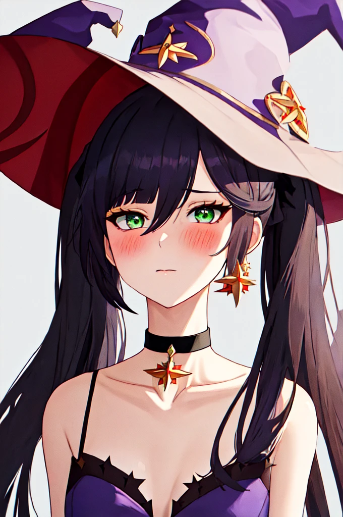 Highest quality, masterpiece, High resolution, 一人in, {Mona_Genshin Impact:1.15}, length_hair, Twin tails, 前hair, black_hair, chest, blush, green_eye, hin, jewelry, star_\(symbol\), witch_hin, Earrings, Moderate_chest, One girl, choker, Looking_in_Audience, black_choker, Closed_mouth, purple_hat, star_Earrings, hair_between_eye, Simple_background, fur_trim, Portraiture, white_background, upper_body, fur_collar, purple_hair