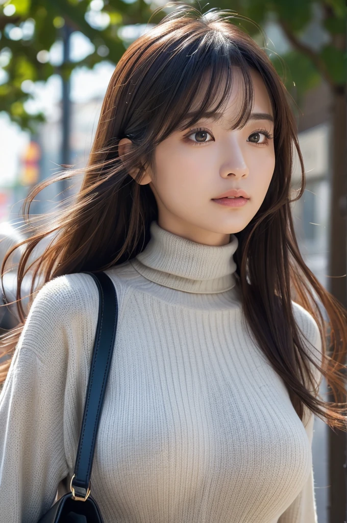 (Colossal tits、Turtleneck knitwear、Shoulder bag)、(top-quality,masterpiece:1.3,超A high resolution,),(ultra-detailliert,Caustics),(Photorealsitic:1.4,RAW shooting,)Ultra-realistic capture,A highly detailed,high-definition16Kfor human skin、 Skin texture is natural、、The skin looks healthy with an even tone、 Use natural light and color,One Woman,japanes,,kawaii,A dark-haired,Middle hair,(depth of fields、chromatic abberation、、Wide range of lighting、Natural Shading、)、(Hair swaying in the wind:1.2)、Streets of Tokyo