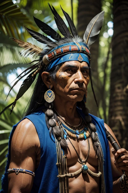 old man in a blue and black feather headdress holding a knife and a spear, ayahuasca shaman, povos indígenas amazons no brasil, indigenous man, ayahuasca, indigenous, the ayahuasca spirit, shaman, ayahuasca ceremony, amazon, shamanism, the oracle of the Mayan elders, voto pakal
