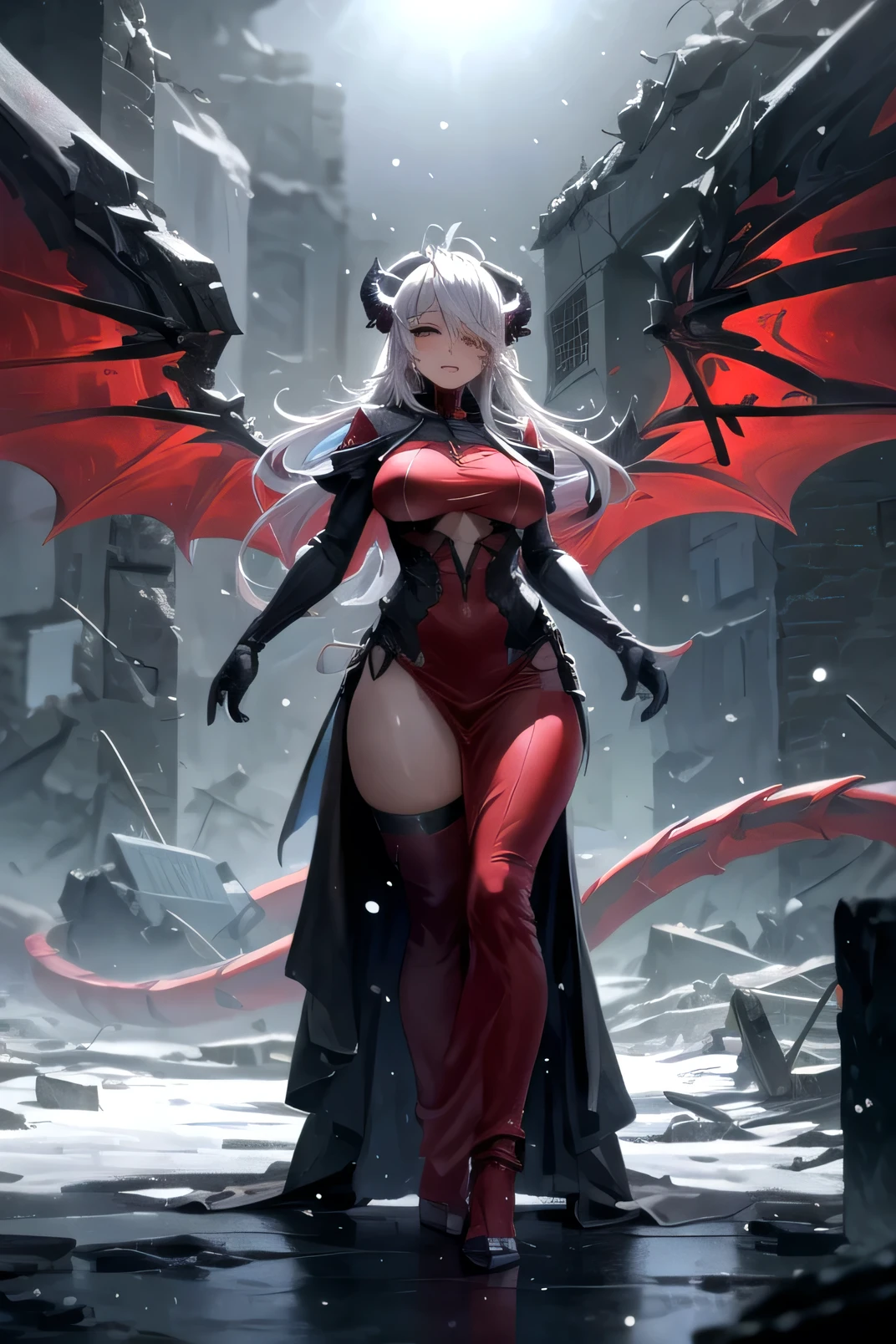 a mature woman,work of art,high resolution,long white hair,Eyes red,Dragon tail horns and wings,sensuous,big boobies,posing with a combat spear,in the ice ruins,good anatomy,snowing,アニメ,underwear,magic seals,Destroyed houses