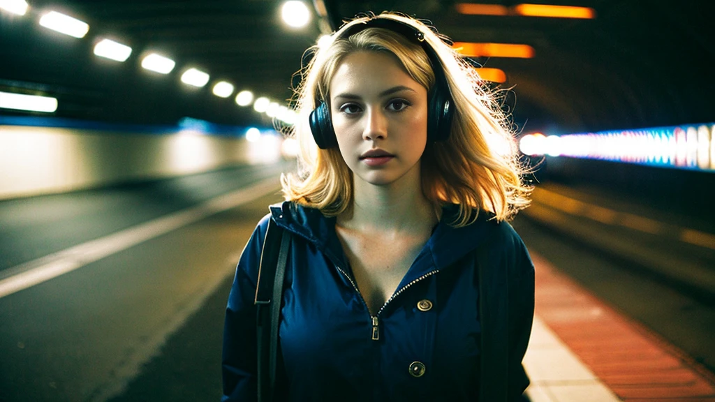 Beautiful blonde with big breasts in street casual (Late night tunnel、Twilight),Wearing headphones,Very detailed, 21 years old, Innocent face, Bob Hair, blue eyes, High resolution, masterpiece, Highest quality, Intricate details, Very detailed, Clear focus, Delicate skin, practical skin texture, texture, Delicate eyes, Professional, 4K, Sad face,despair、 Shot with Canon, 85mm, Shallow and deep,  Kodak Vision Color, Exactly, Very detailed, photograph_\(Extremist\), photographpractical, practical, Post-processing, Maximum details, Roughness, Real Life, Extremist practical, Photorealism, photographgraphy, 8K Ultra HD, photographgraphy