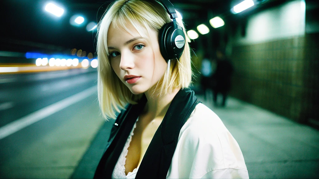 Beautiful blonde with big breasts in street casual (Late night tunnel、Twilight),Wearing headphones,Very detailed, 21 years old, Innocent face, Bob Hair, blue eyes, High resolution, masterpiece, Highest quality, Intricate details, Very detailed, Clear focus, Delicate skin, practical skin texture, texture, Delicate eyes, Professional, 4K, Sad face,despair、 Shot with Canon, 85mm, Shallow and deep, Kodak Vision Color, Exactly, Very detailed, photograph_\(Extremist\), photographpractical, practical, Post-processing, Maximum details, Roughness, Real Life, Extremist practical, Photorealism, photographgraphy, 8K Ultra HD, photographgraphy