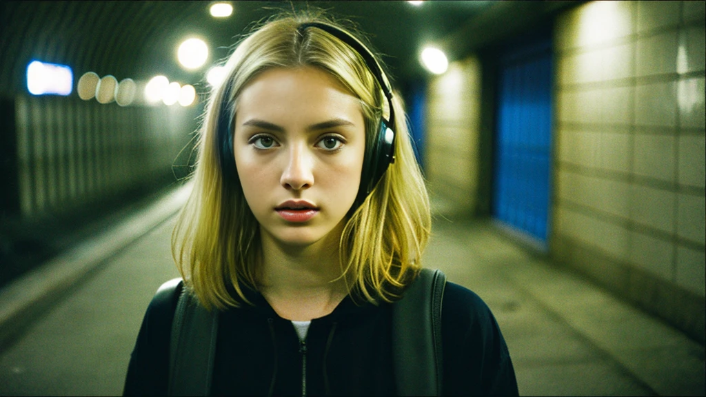 Beautiful blonde with big breasts in street casual (Late night tunnel、Twilight),Wearing headphones,Very detailed, 21 years old, Innocent face, Bob Hair, blue eyes, High resolution, masterpiece, Highest quality, Intricate details, Very detailed, Clear focus, Delicate skin, practical skin texture, texture, Delicate eyes, Professional, 4K, Sad face,despair、 Shot with Canon, 85mm, Shallow and deep, Kodak Vision Color, Exactly, Very detailed, photograph_\(Extremist\), photographpractical, practical, Post-processing, Maximum details, Roughness, Real Life, Extremist practical, Photorealism, photographgraphy, 8K Ultra HD, photographgraphy