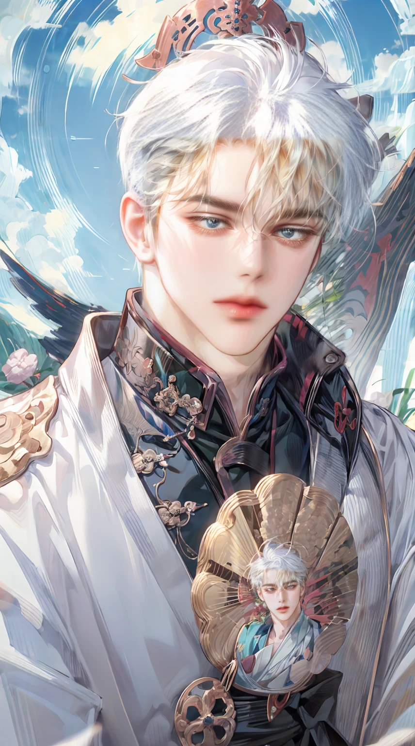 anime - style image of a man with white hair holding a fan, white haired deity, handsome japanese demon boy, handsome guy in demon slayer art, onmyoji portrait, beautiful male god of death, trending on artstation pixiv, detailed anime character art, onmyoji detailed art, stunning anime face portrait, with white long hair, zerochan art, anime illustration