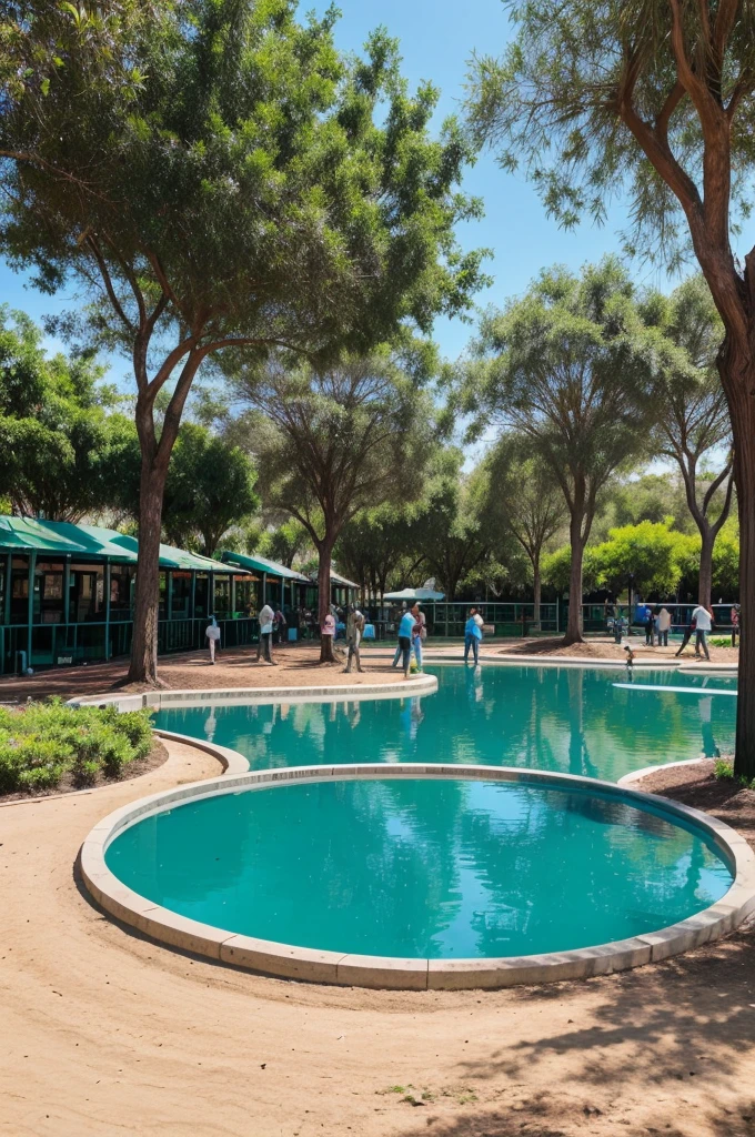 "A bustling community park with interactive educational displays about the importance of water conservation, surrounded by families and children engaging in sustainable practices."