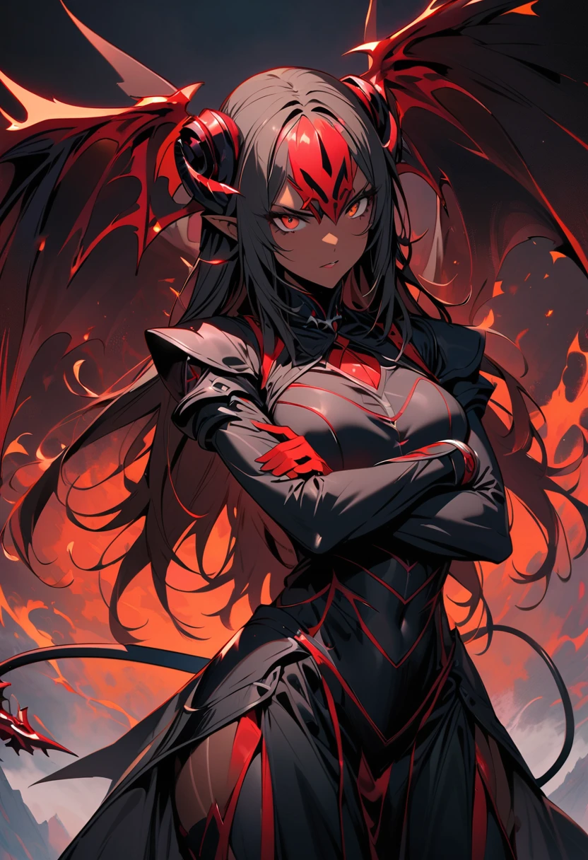 (best quality, masterpiece, ultra highres, ultra-detailed:1.2) ,Malacoda,a demon of Malebolge, dark skin,(female,blade-like tail),(stand with open stance:1.1), (crossed arms:1),,devil wings,background:The fifth layer of hell,magnificent,