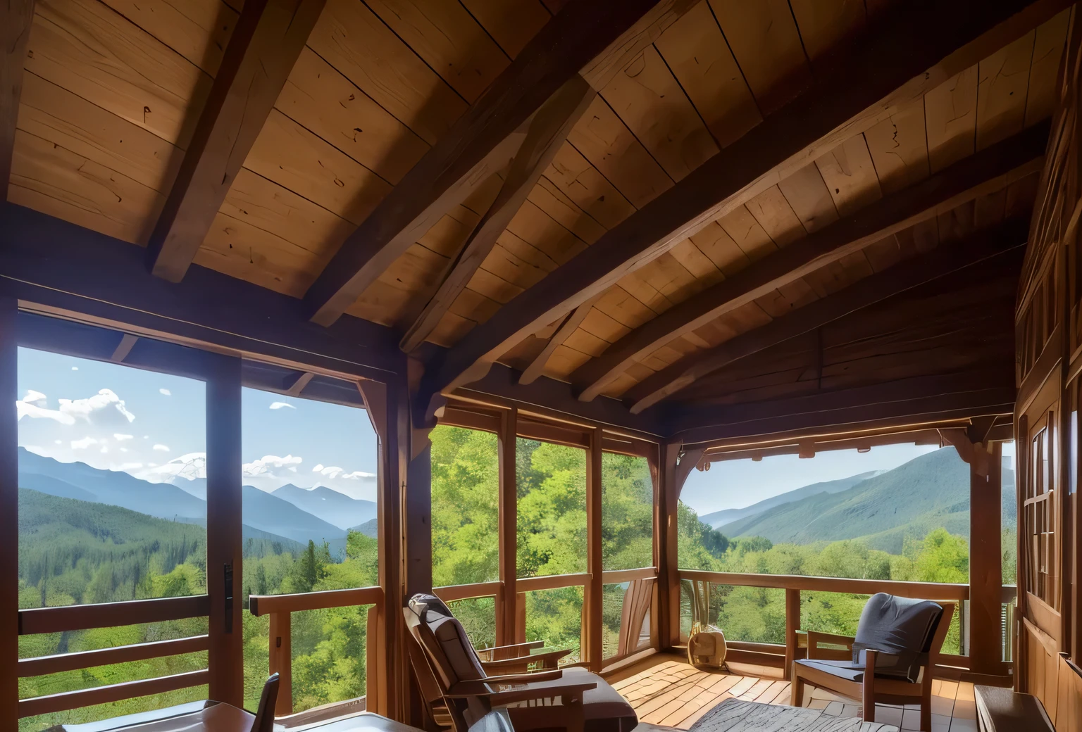 (best quality,4K,8K,high resolution,masterpiece:1.2),Extremely detailed,(Practical,photoPractical,photo-Practical:1.37),Mountain hut,Cozy cottage,Wooden house surrounded by mountains,Tranquil atmosphere,Great attention to detail,Peaceful environment,Panoramic view of mountains and forests,Secluded place,A large window，Enjoy the stunning views,Elegant and rustic design,Chimney smoke,Warm and welcoming atmosphere,Crackling Fireplace,Comfortable furniture,Soft and warm lighting,Serene colors,Natural materials,Wood paneling,Beautifully landscaped gardens，There are colorful flowers and plants,Clear blue sky,fresh air,breeze,Rustling Leaves,Peace and tranquility,Hiking trails,Nature Exploration,adventure,The Hermitage,Escape from busy city life,Perfect place to relax and meditate.